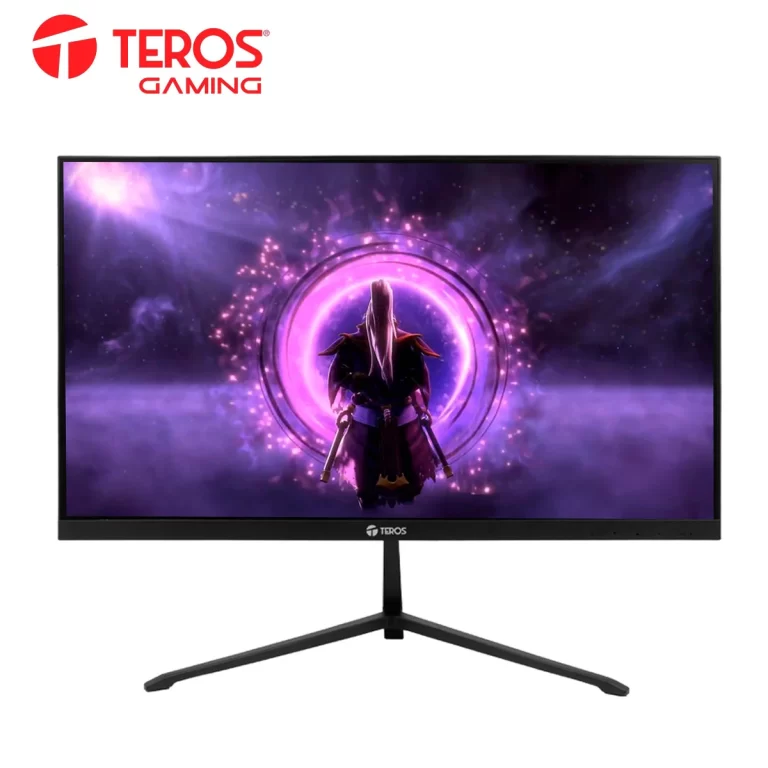 Monitor Teros TE-2128S 21.5" IPS Full HD en configuración de oficina con base negra