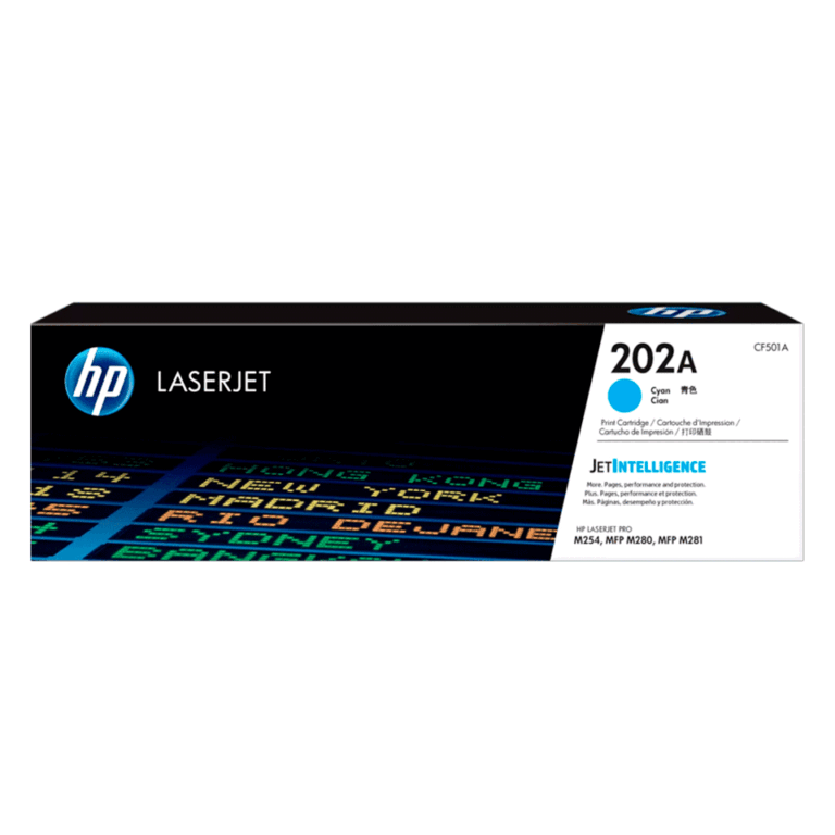 Cartucho de toner HP 202A cyan original modelo CF501A, compatible con impresoras HP Color LaserJet M254 y M281, rendimiento de 1300 páginas