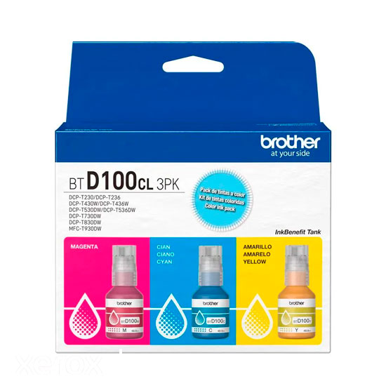 Botellas de tinta Brother BTD100CL 3PK colores cian magenta amarillo